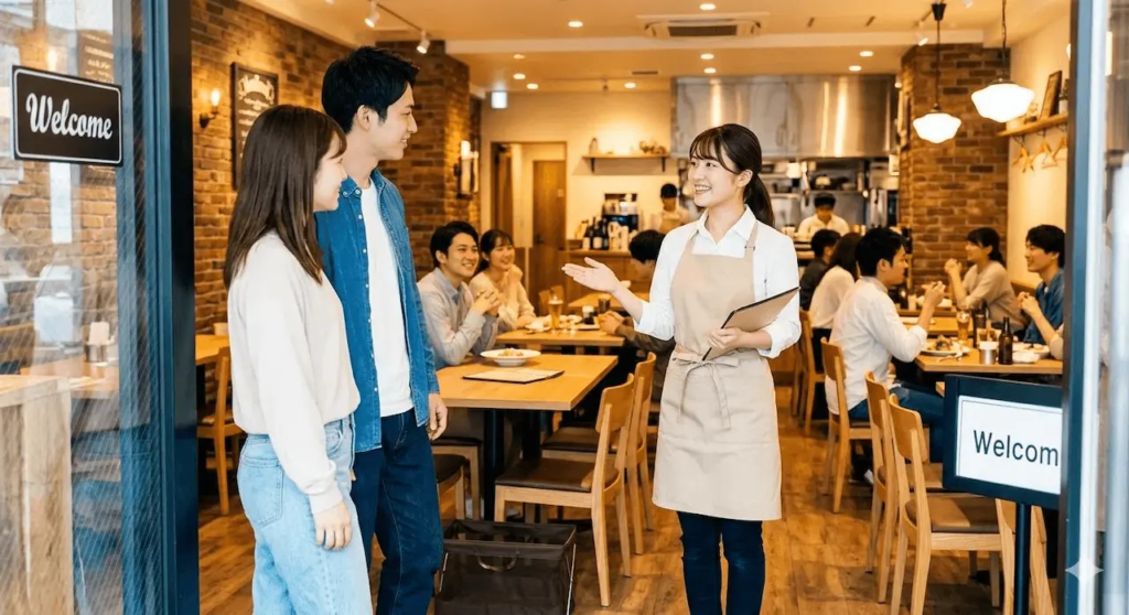 Restaurant staff welcoming customers with friendly service