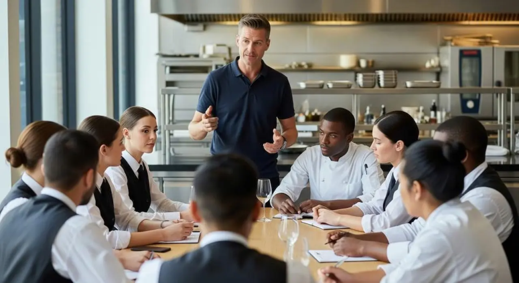 Restaurant manager training staff to build a strong and successful team