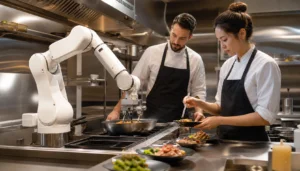 Chefs working with a kitchen robot to improve restaurant productivity while maintaining food quality