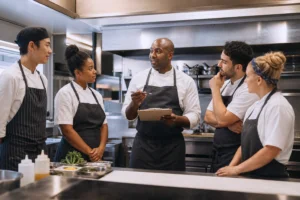 Restaurant kitchen team holding a pre-shift meeting to improve teamwork and productivity