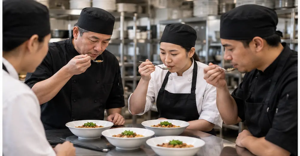 Restaurant kitchen team tasting food together to check consistency and quality