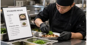 Restaurant employee following a standard recipe to maintain consistent food quality