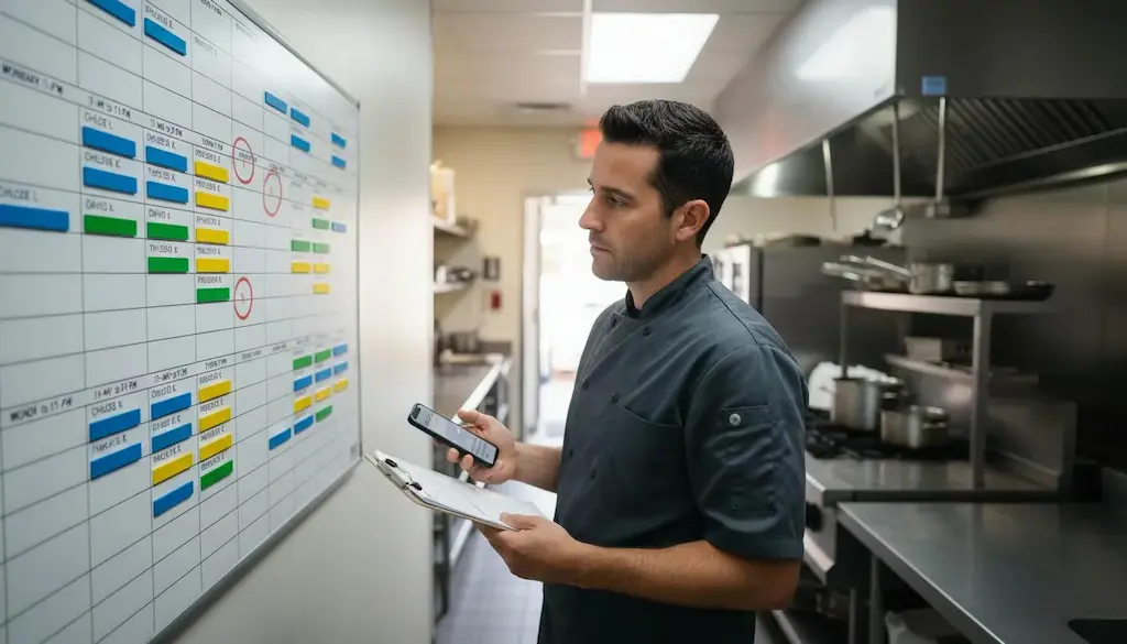 Restaurant manager reviewing staffing and daily cost control operations