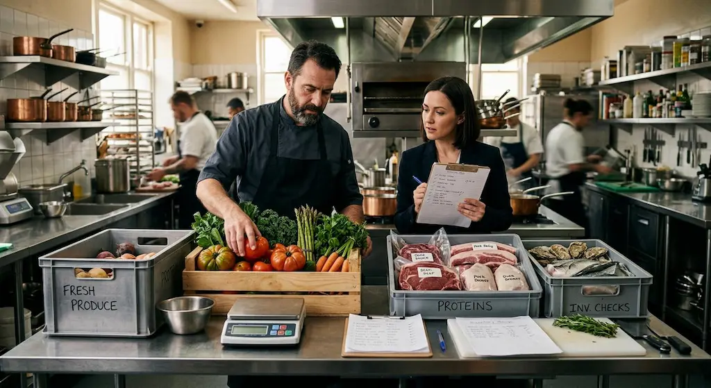 Restaurant manager reviewing food portions and costs for better restaurant cost control