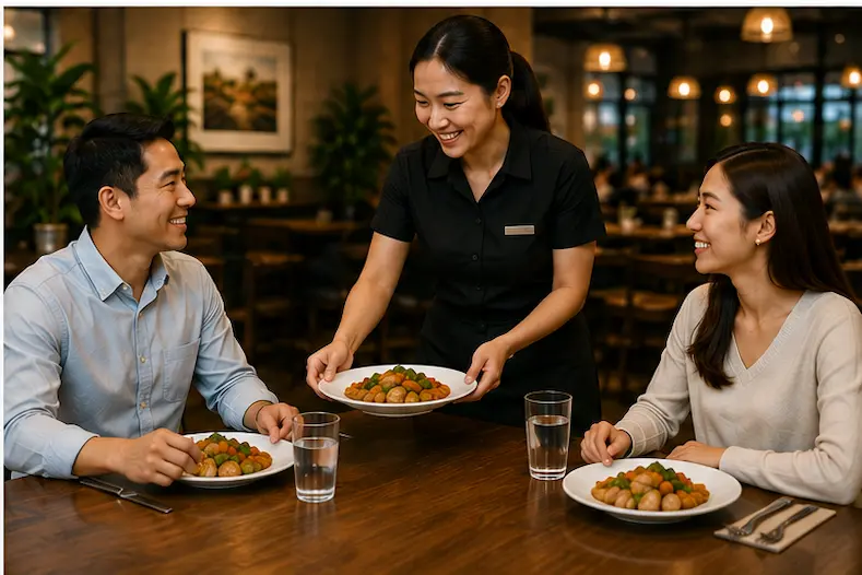 Restaurant customers enjoying quality food and friendly service without relying on discount promotion