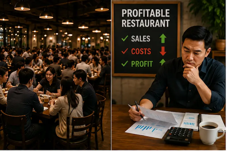 Busy restaurant compared with a profitable restaurant showing the difference between high sales and healthy profits