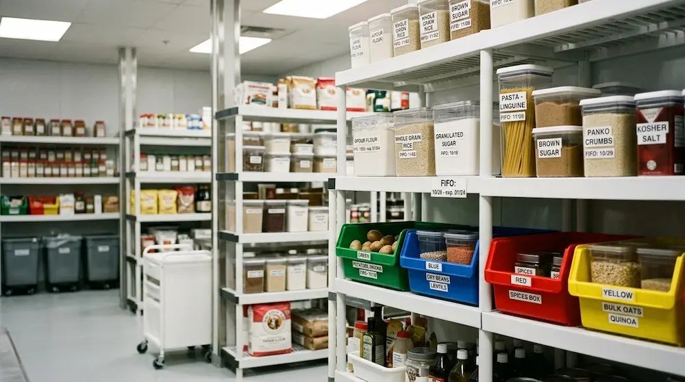 Organized restaurant inventory storage with labeled food containers for better food cost control