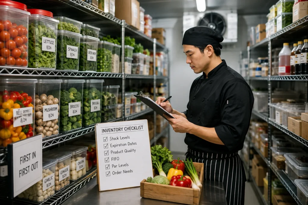 Restaurant chef checking food inventory and stock levels in an organized storage area