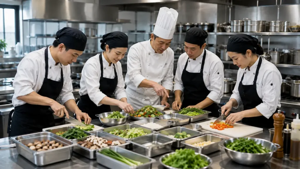 Restaurant kitchen team following standardized systems to maintain consistent food quality