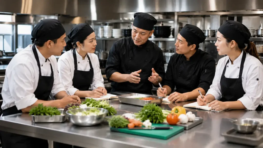 Restaurant staff training together to maintain consistent food quality and service