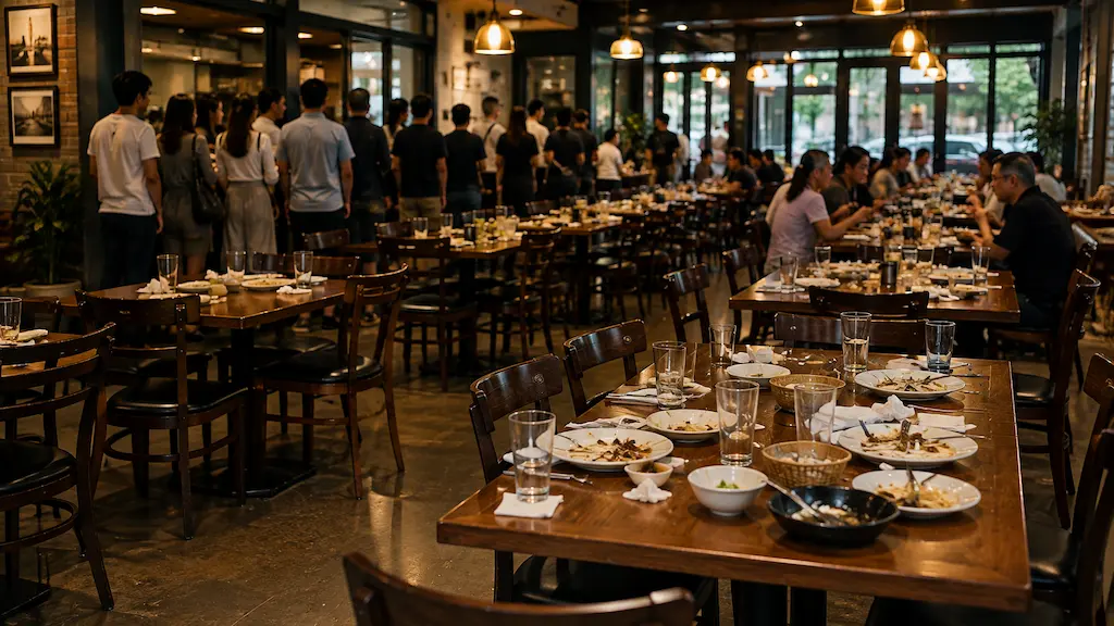 Customers waiting while uncleared restaurant tables slow table turnover
