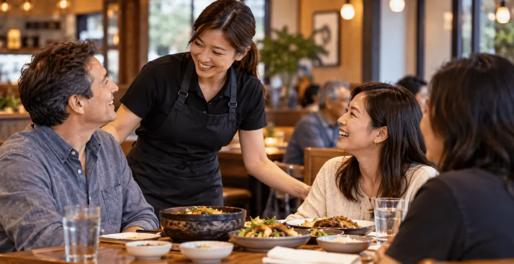 Restaurant staff welcoming loyal returning customers with friendly service