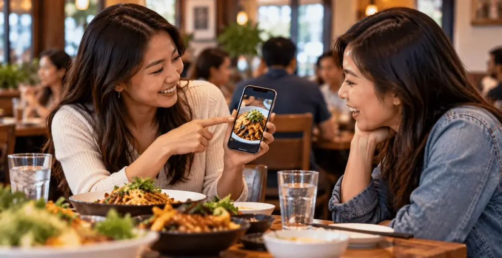 Restaurant customer recommending a favorite menu item to a friend using a smartphone photo